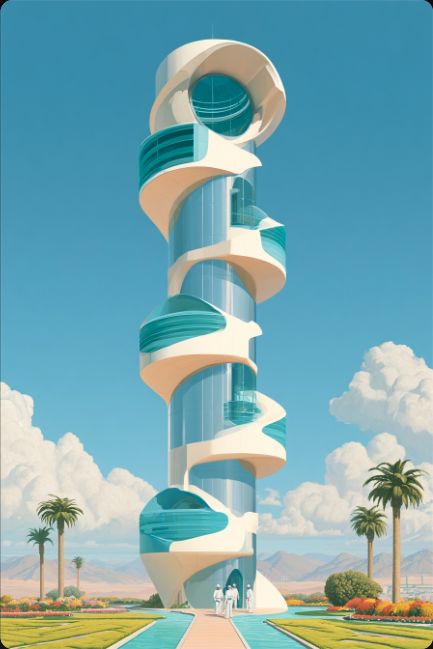 Tall reed-like climate towers rising from a misty landscape at sunrise.
