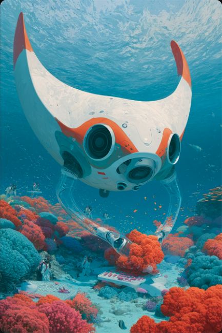 Luminous manta-shaped reef drones gliding through sunlit blue-green water.