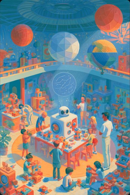 Students gathered in an open classroom beneath a warm constellation of lights.