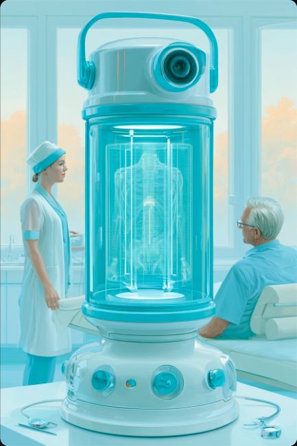 A glowing diagnostic lantern on a clinic table between a nurse and a seated patient.