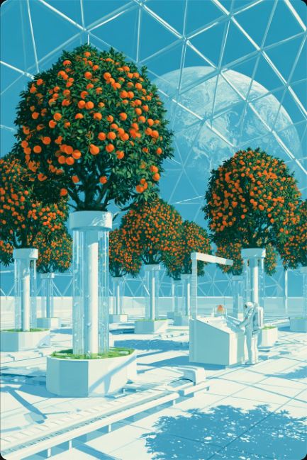 Fruit trees growing under glass domes on the moon with Earth visible in the sky.