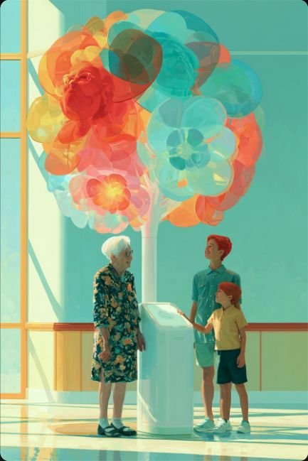 An elderly person and a child seated beneath a glowing canopy of abstract memory petals.